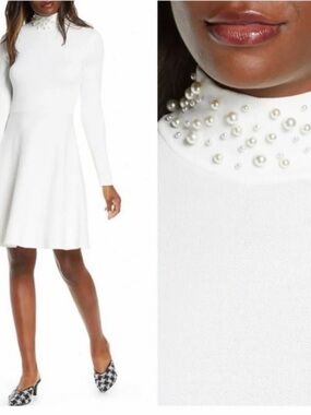 Eliza J White Pearl-Embellished Mock Neck Long Sleeve Fit & Flare Dress